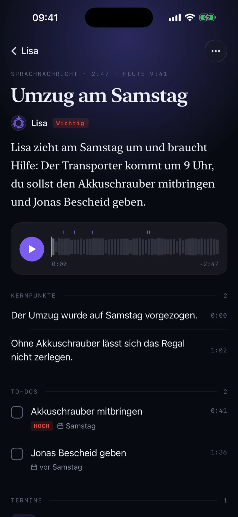 VoiceClue-Ergebnisdokument „Umzug am Samstag“ mit Zusammenfassung, Aufgaben und Terminen