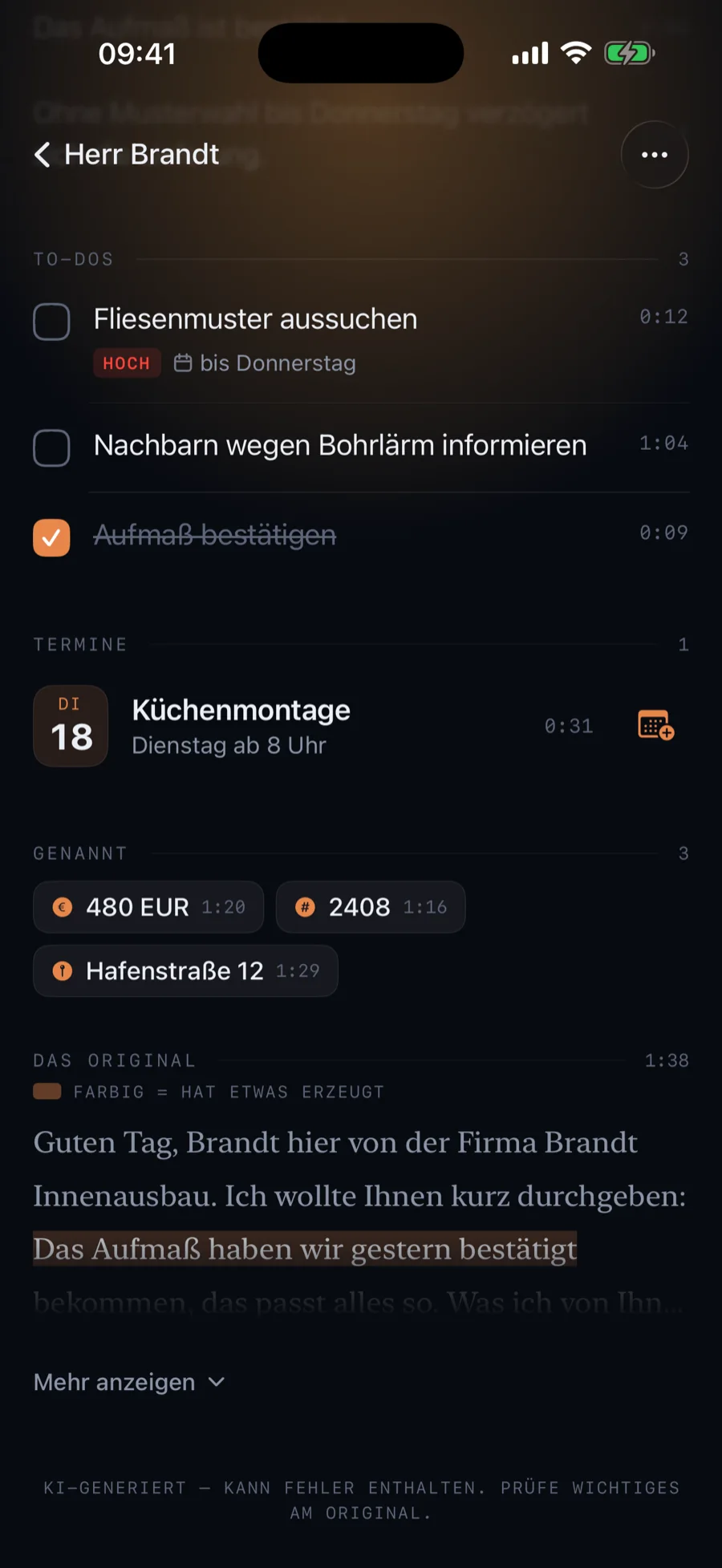 VoiceClue-Ansicht mit To-Dos und Terminen inklusive Frist und Priorität